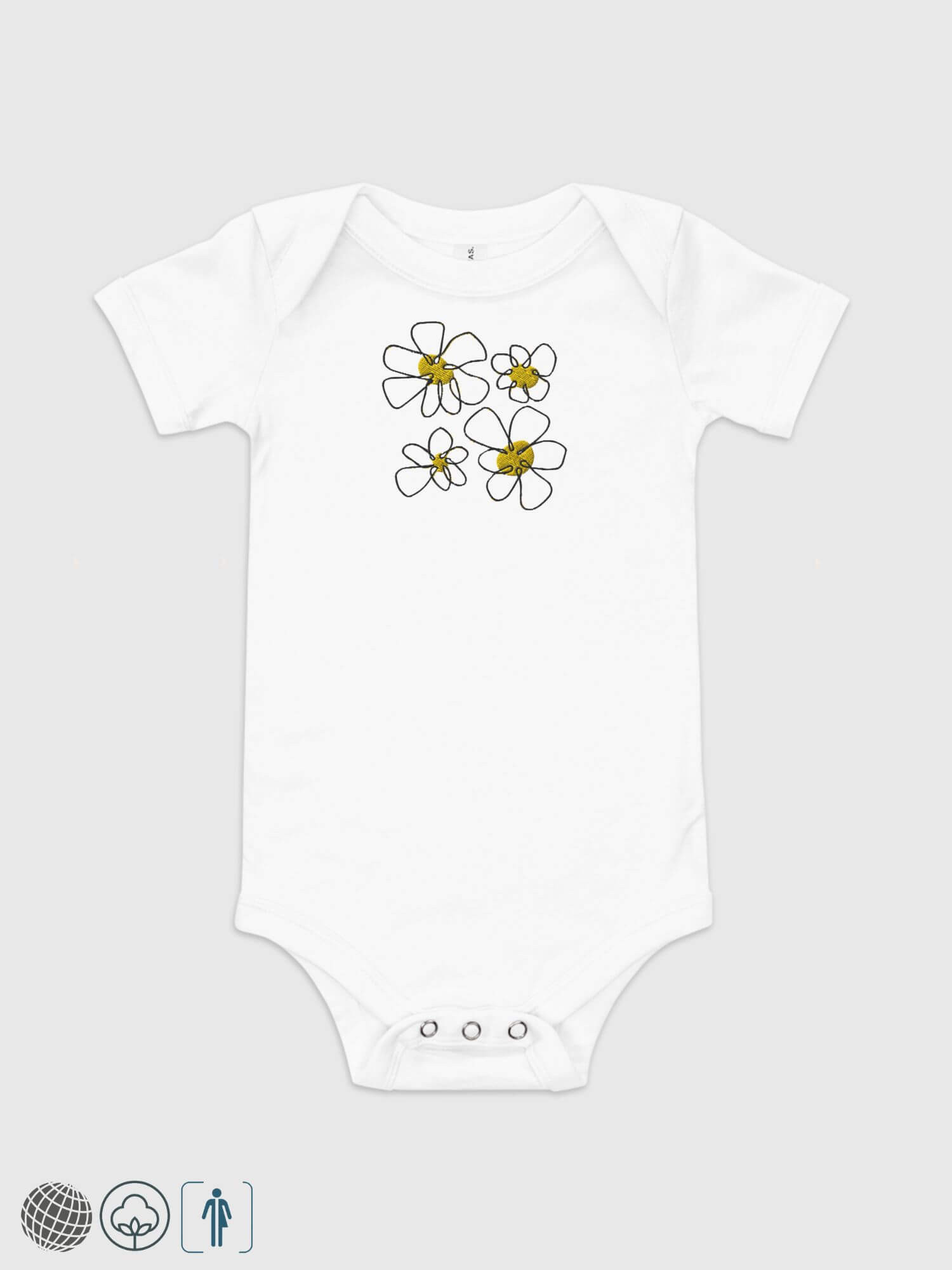 Baby One Piece in Cotton-Linen  Genderful vegan Bodysuit Unisex anywear Boys Girls floral daisy short sleeves crewneck envelope neckline round o-neck three (3) button inseam snaps bottom closure 100% cotton linen one piece outfit in white with yellow black artistic daisies flowers Babies crew neck outfits