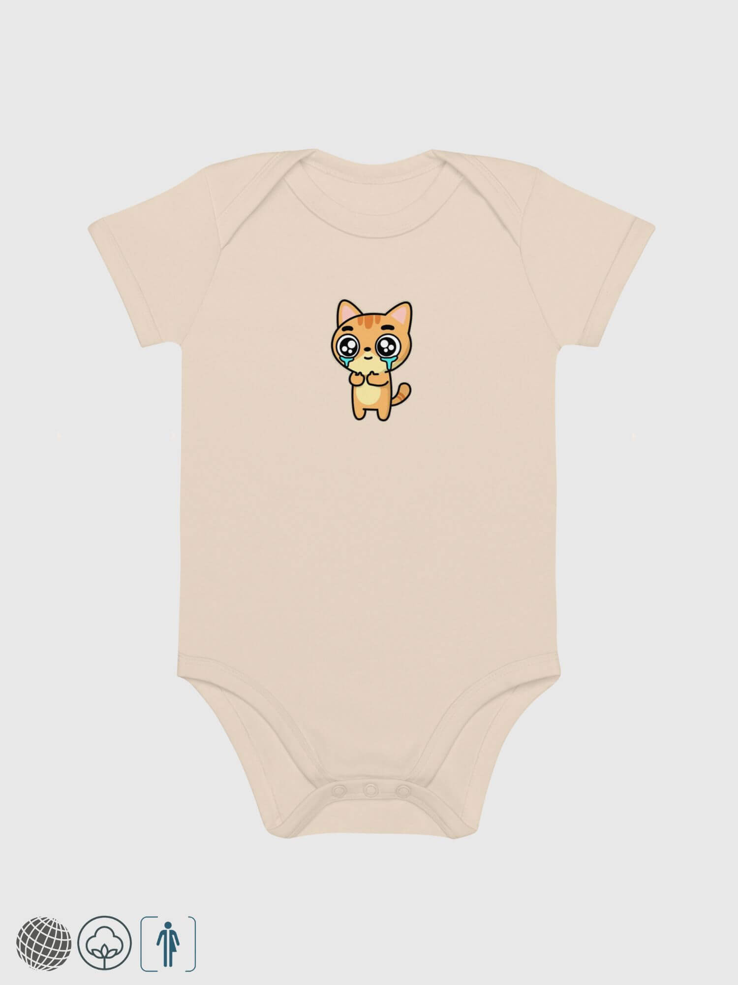 Baby Organic Cotton Bodysuit Khaki  Genderful vegan Unisex boys girls  100% Cotton Linen  cat cartoon animal short sleeves crewneck envelope neckline round o-neck three (3) button inseam snaps bottom closure one piece outfit in khaki with yellow kitten cats Babies crew neck bodysuits outfits