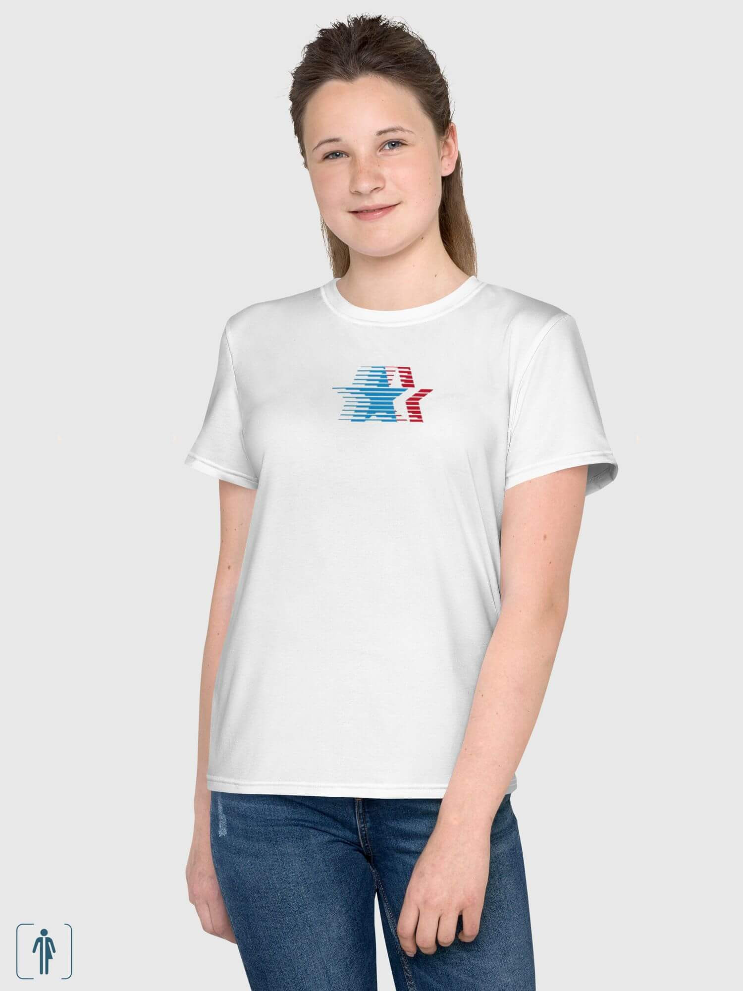 Girls USA T-Shirt   Kids American stars colors symbols crewneck short sleeves T-shirts in white with red blue striped stars round o-neck United States of America design 1984 Olympic Children’s Tops Childrens Tees