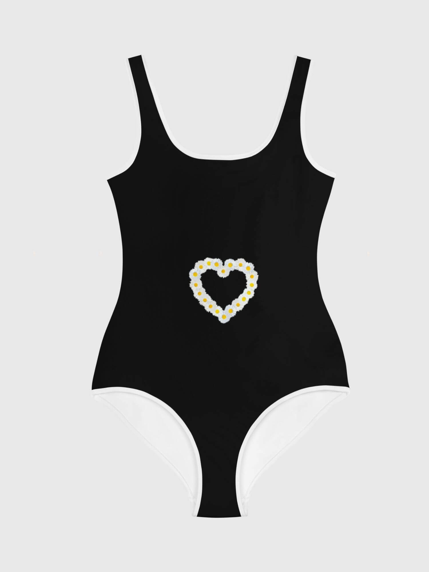 Girls Daisy Swimsuit black     Kids floral daisies tank straps scoopneck swimsuits for girl in black with white trim design children’s flowers swimwear