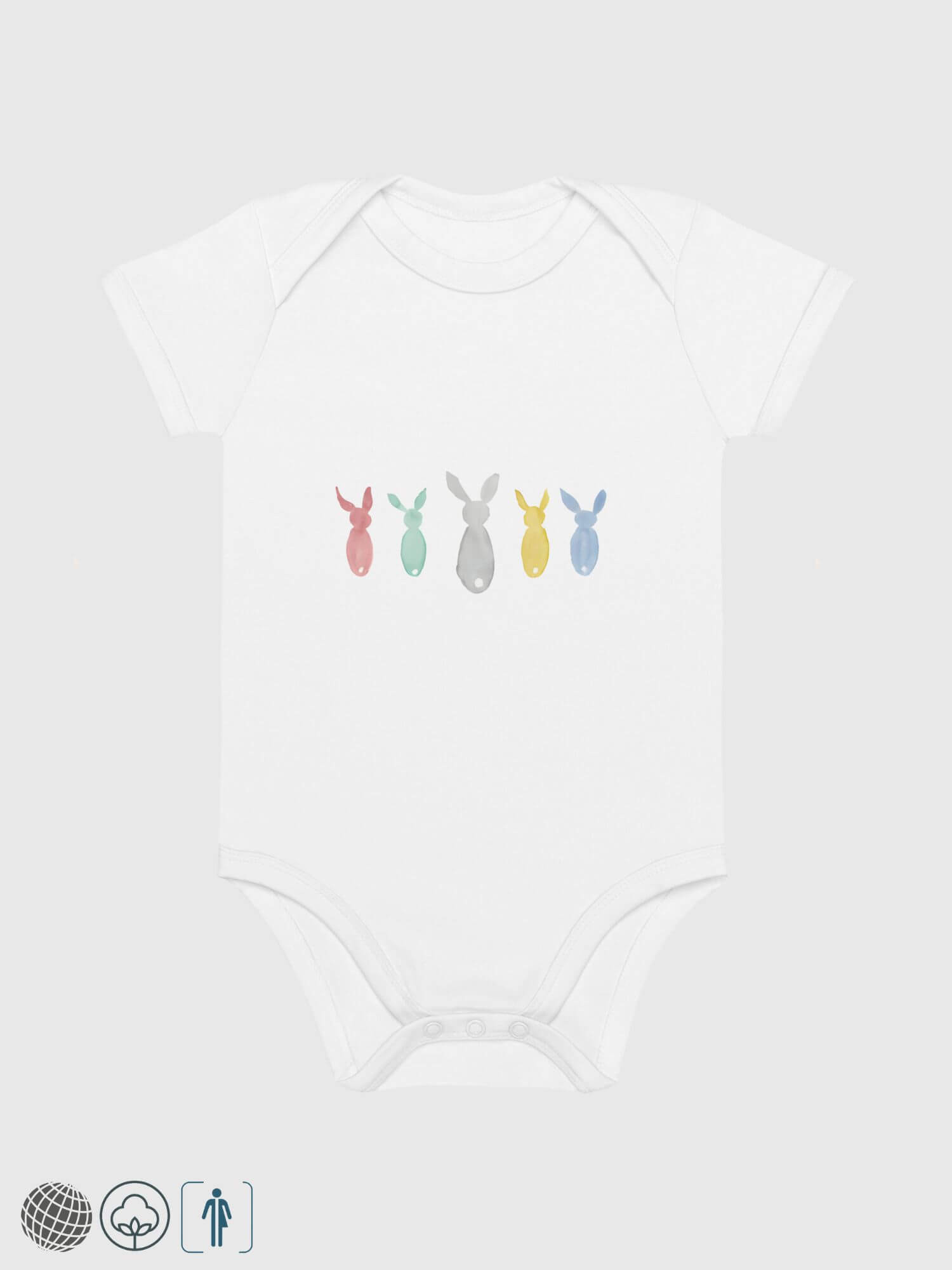 Baby One-Piece Cotton Bodysuit white   Unisex anywear Boys Girls illustrated short sleeves crewneck envelope neckline round o-neck three (3) button inseam snaps bottom closure 100% cotton linen one piece outfit in white with multi rabbits backs artistic animals paintings Babies crew neck vegan outfits