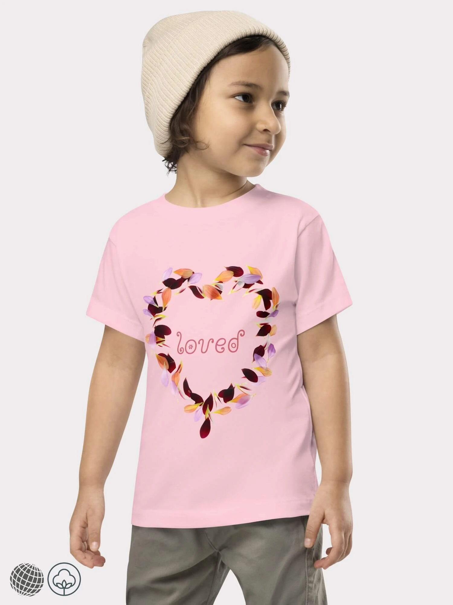 Toddler Loved T-Shirt   Girls floral heart loved letters characters cartoon design crew neck round o-neck short sleeves Tops for girl in pink with multi flowers love hearts design T-shirts Toddlers illustrated graphic Tees