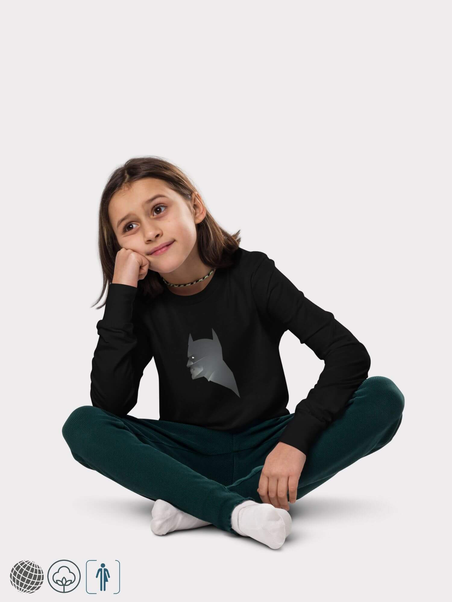 Kids miteigi x Bella + Canvas Batman T-Shirt    Girls long sleeves crewneck T-shirts in black with profile face graphic round o-neck children’s crew neck Tops