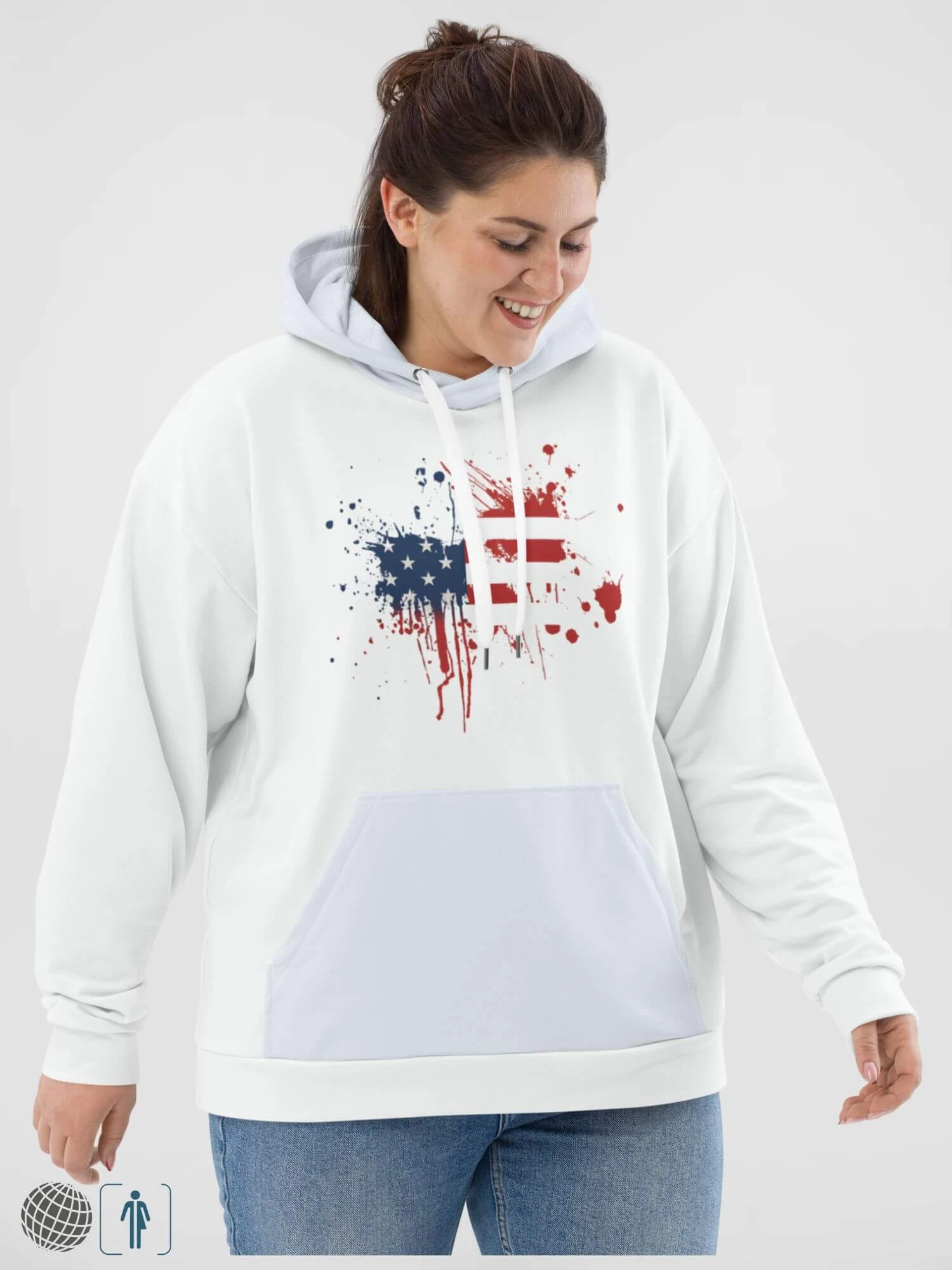 The Patriot Vintage Soft Hoodie USA    Genderful Unisex anywear Men’s Women’s American long sleeves kanga kangaroo pouch pocket hooded neckline with drawcords fitness gym Sweatshirt for man woman in white with light blue pocket and hood and red blue graphical map of the United States of America design Mens Womens everyday use petite-  tall-, plus-, size activewear USA sportswear sweatshirts hoodies