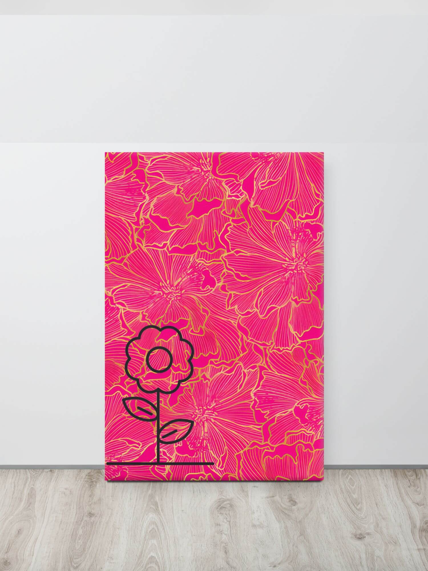 Daisy Lily Chain Canvas Print Poster     Floral daisies lilies illustrated  print Home restaurant hotel bar sketchings wall hanging decoration sketches poly-cotton blend canvases with Fade-resistant Hand-stretched over solid wood stretcher bars and mounting brackets Flowers nature illustration posters in in red with black gold sketch