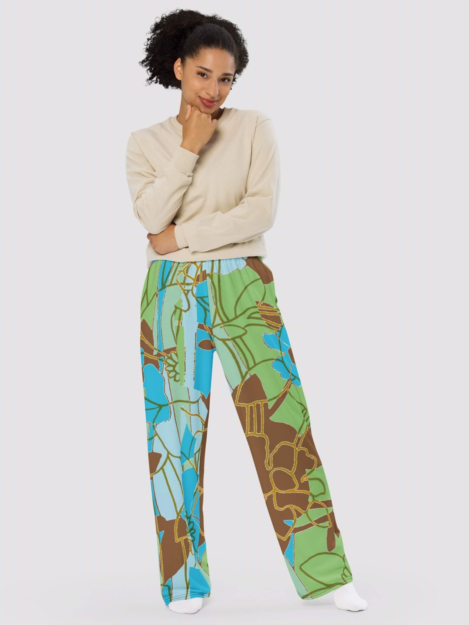 Wide-Leg PJ Pants  Women’s multi green brown floral loungewear pajamas for woman in multicolor flowers design Womens petite-, tall-, plus-, size elastic waist closure sweatpants