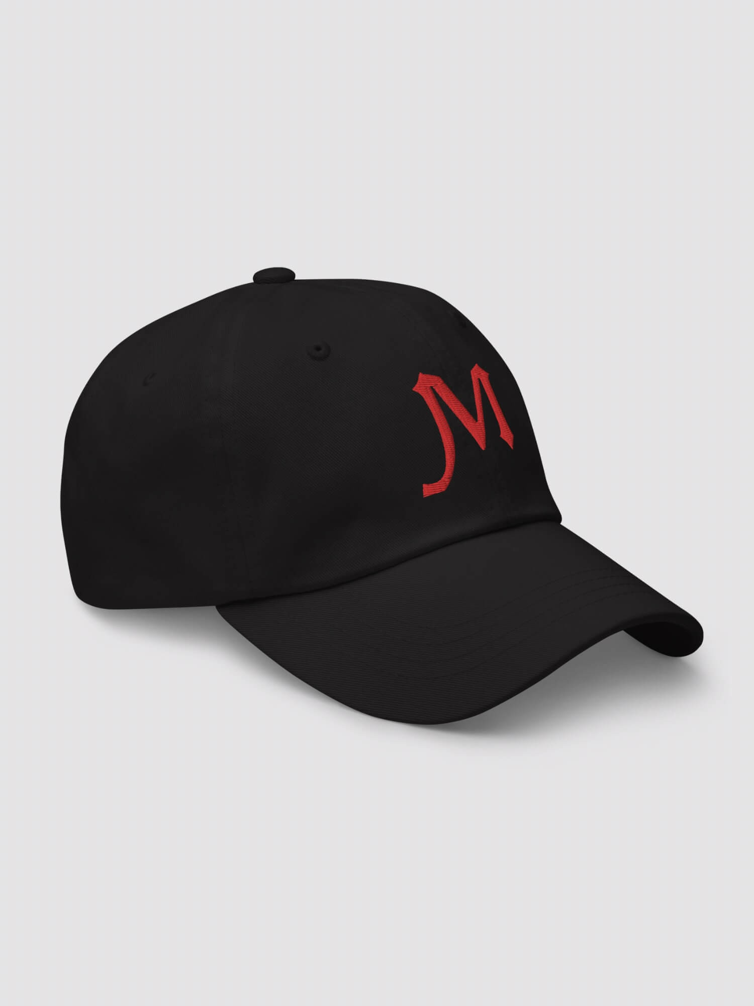 miteigi M Logo Dad Hat black   Genderful Women’s Men’s anywear Fitness Sports Activewear M-Letter miteigi-logo Branded product item gym yoga unisex baseball caps for woman man in goth black with platinum red letters Mens Womens punkrock gothic punk headwear hats