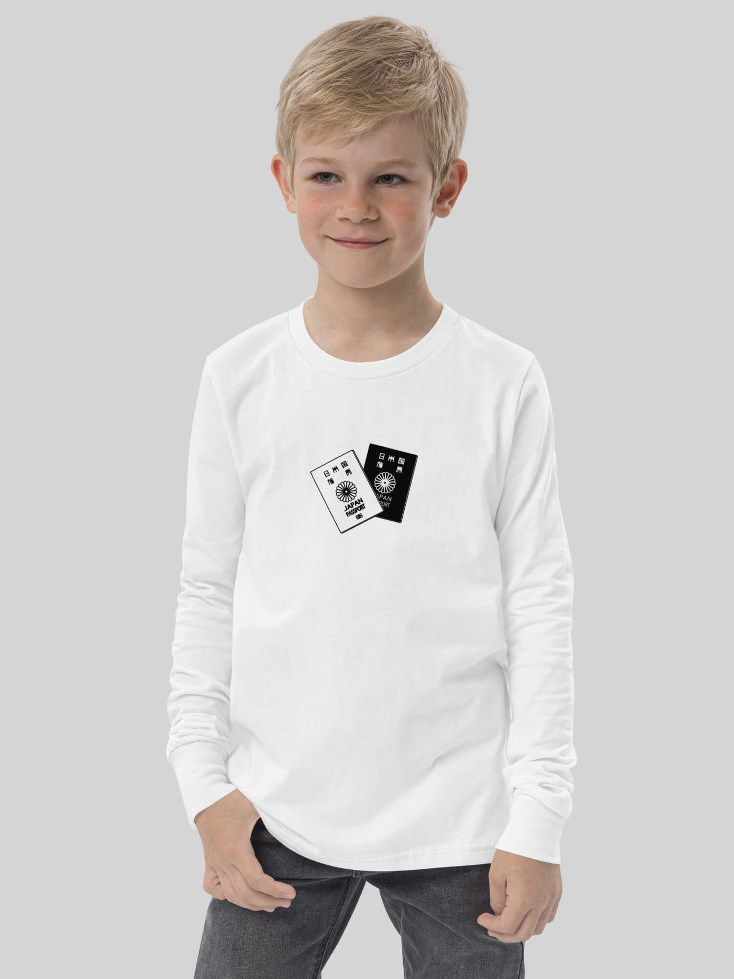Kids Long Sleeve Crewneck T-Shirt white     Boys long sleeves 100% cotton crewneck T-shirts with Japanese black and white passport graphic round o-neck Tees children’s crew neck Tops