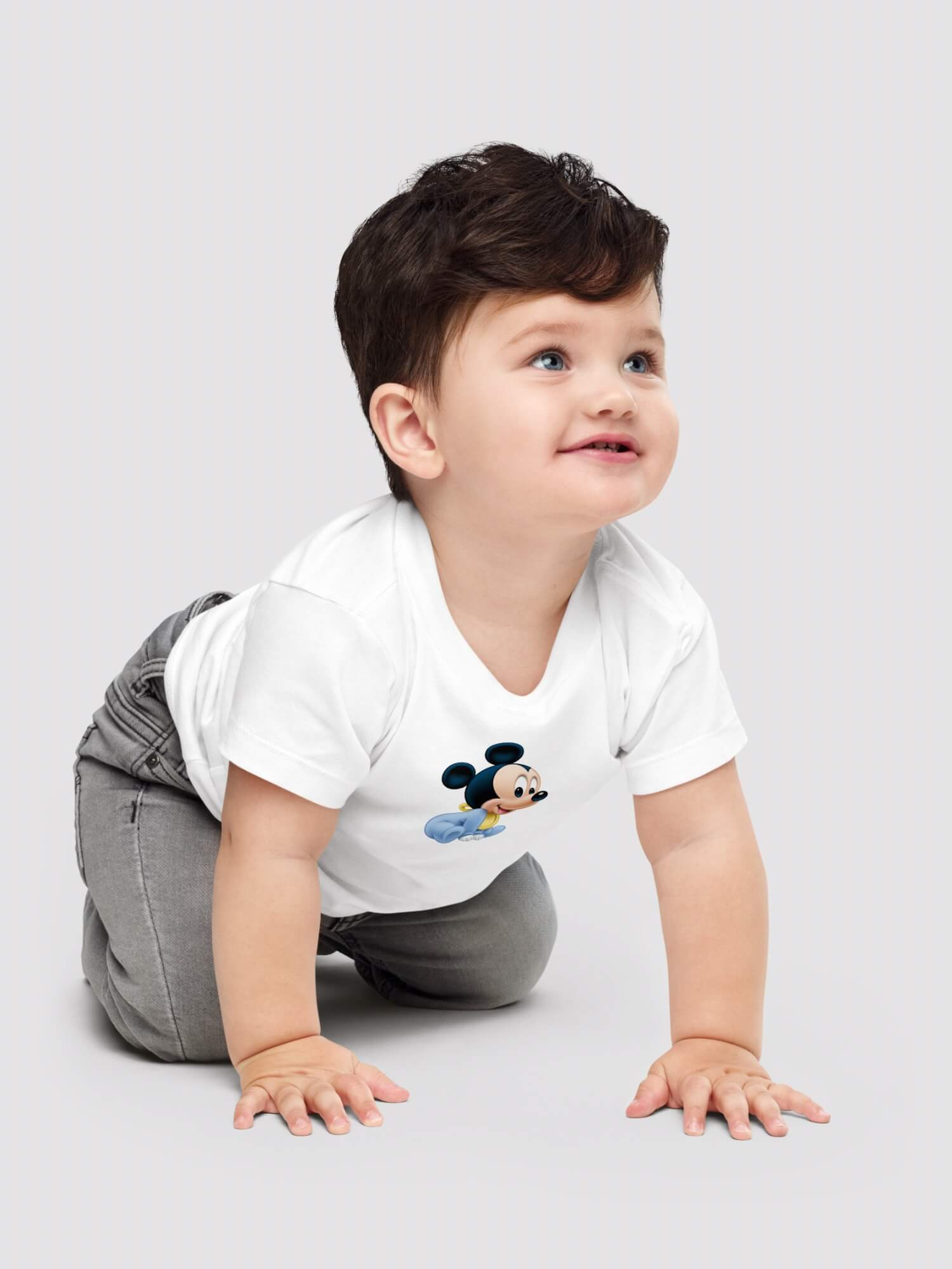 Baby Mickey Mouse Short Sleeve T-Shirt   Toddler Genderful unisex anywear Boys short sleeves crewneck Tees for boy in white with blue design Babies toddlers round crew neck o-neck T-Shirts