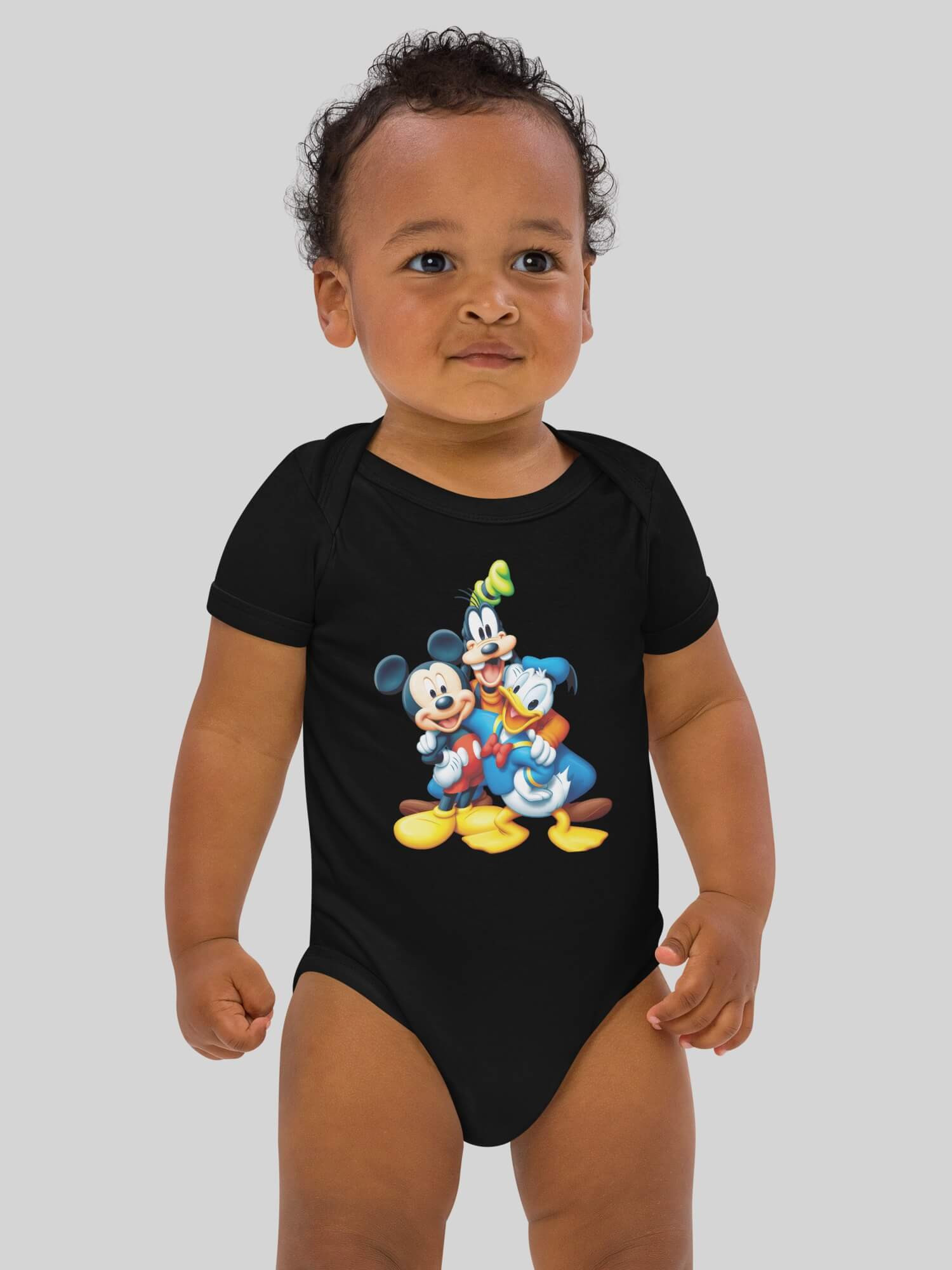 Baby Organic Cotton Disney Bodysuit   Genderful vegan Unisex boys girls  100% Cotton Linen  Goofy Mickey Mouse Donald Duck cartoon animal short sleeves crewneck envelope neckline round o-neck three (3) button inseam snaps bottom closure one piece outfit in black with multi Babies crew neck bodysuits outfits