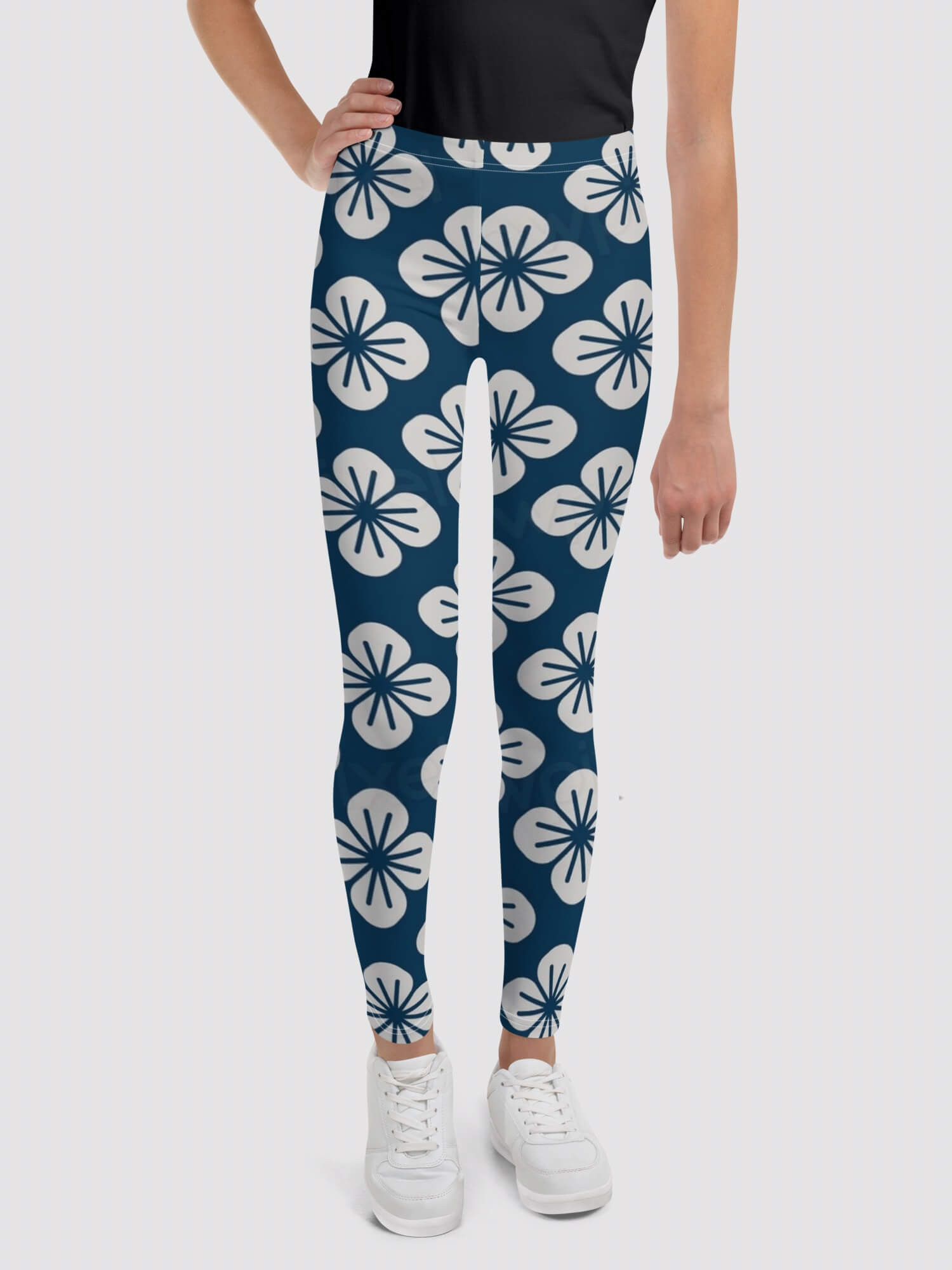 Kids Japanese Leggings  Girls mid rise elasticated waist floral print full length legging for Children in blue with off-white Sakura flowers pattern design Japan girl pants