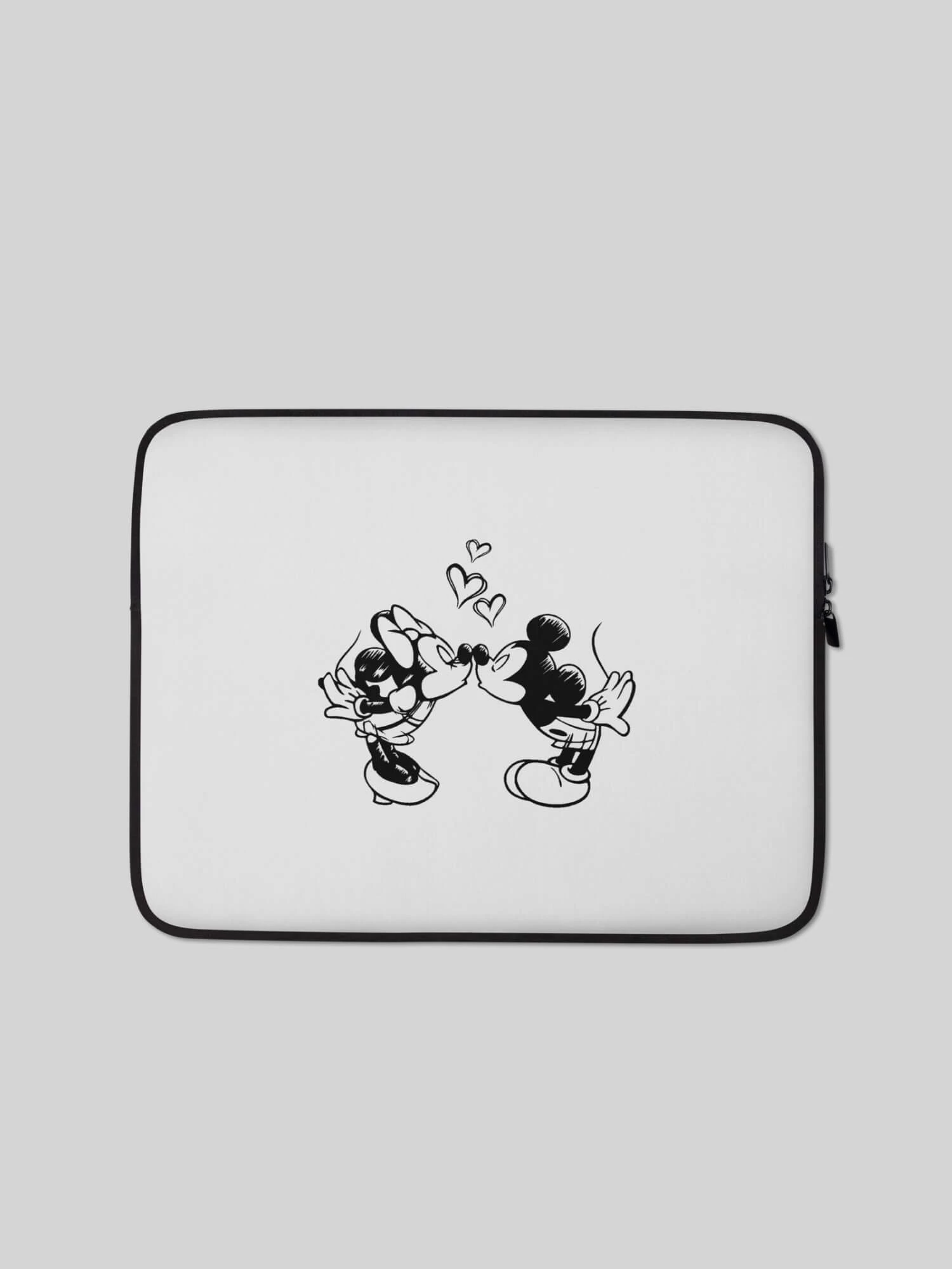Disney Laptop Sleeve   IT laptops, tablets, iPad padded sleeve covers with zipper closure apple sleeves cases equipment accessories in white with Mickey and Minnie Mouse kissing in black ink cartoon characters prints design