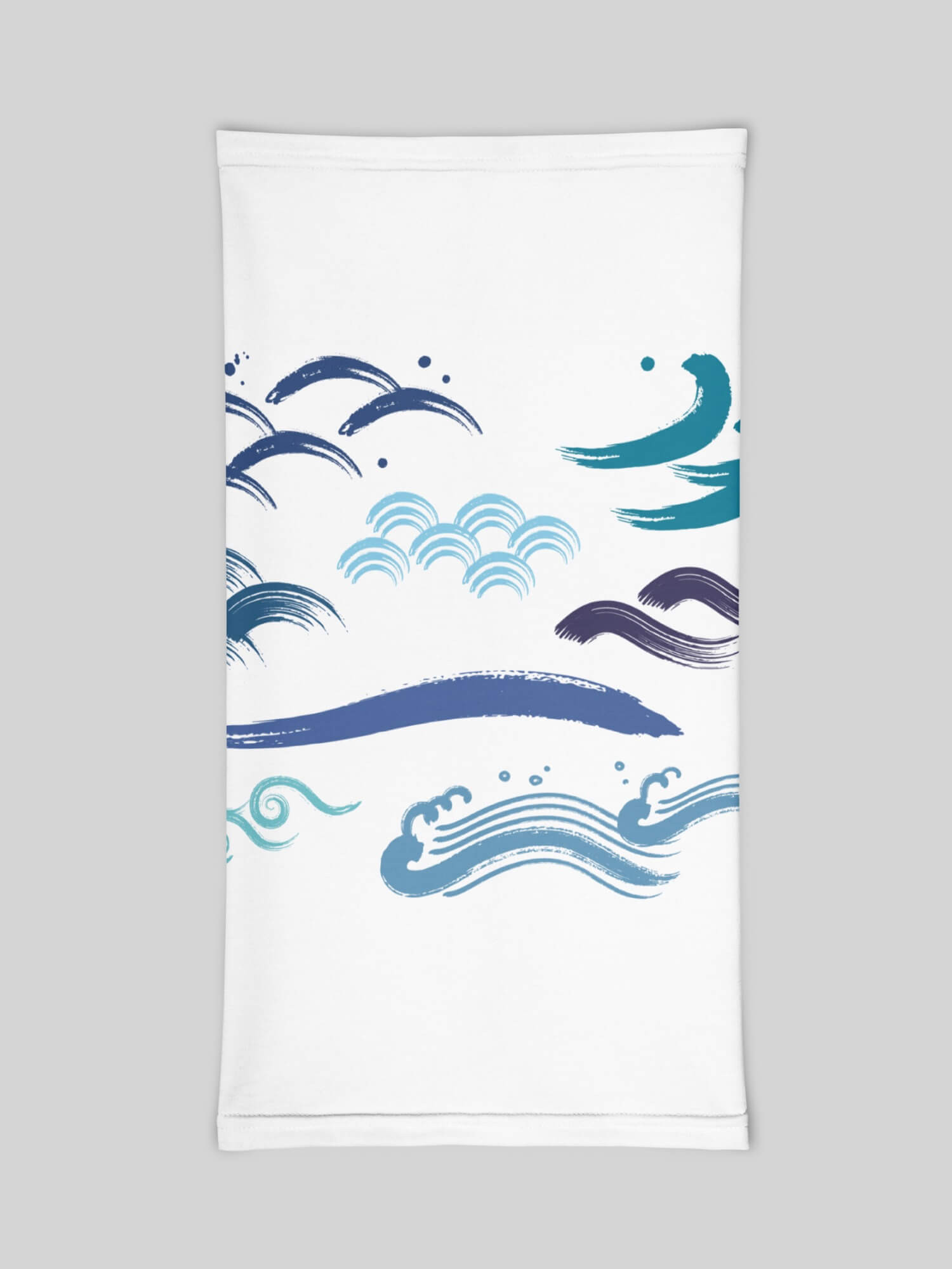 Japanese Neck Gaiter  Genderful nekku men’s unisex anywear stretchable breathable bandana, wrist-, head-, band neck warmer accessories for man in white with multi blue hues print design, Mens headwear gaiters accessory.