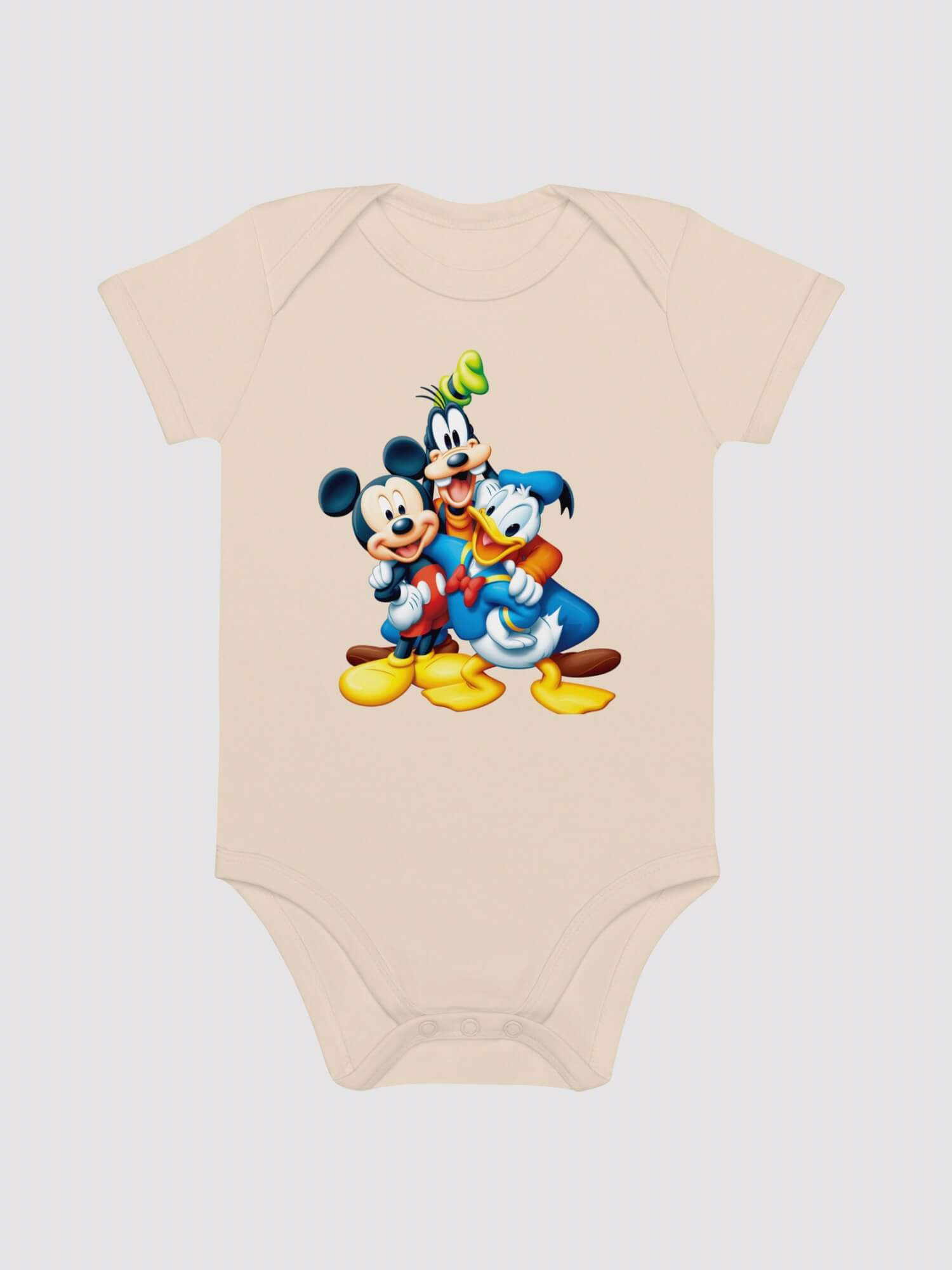 Baby Organic Cotton Disney Bodysuit khaki   Genderful vegan Unisex boys girls  100% Cotton Linen  Goofy Mickey Mouse Donald Duck cartoon animal short sleeves crewneck envelope neckline round o-neck three (3) button inseam snaps bottom closure one piece outfit in beige with multi Babies crew neck bodysuits outfits