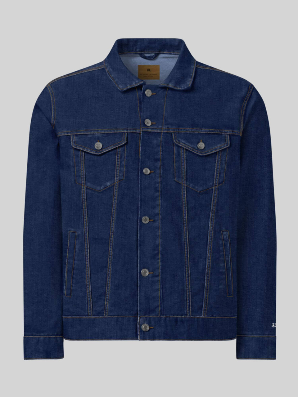 Icon Logo Denim Jacket blue     Men’s classic Genderful loose button-up turn-down collar 100% cotton single breasted top chest pockets button cuffs casual wear unisex Jackets for man in blue with miteigi Japanese script logo at left wrist Tall-, plus-, petite-, size Mens long sleeves anywear outerwear coats