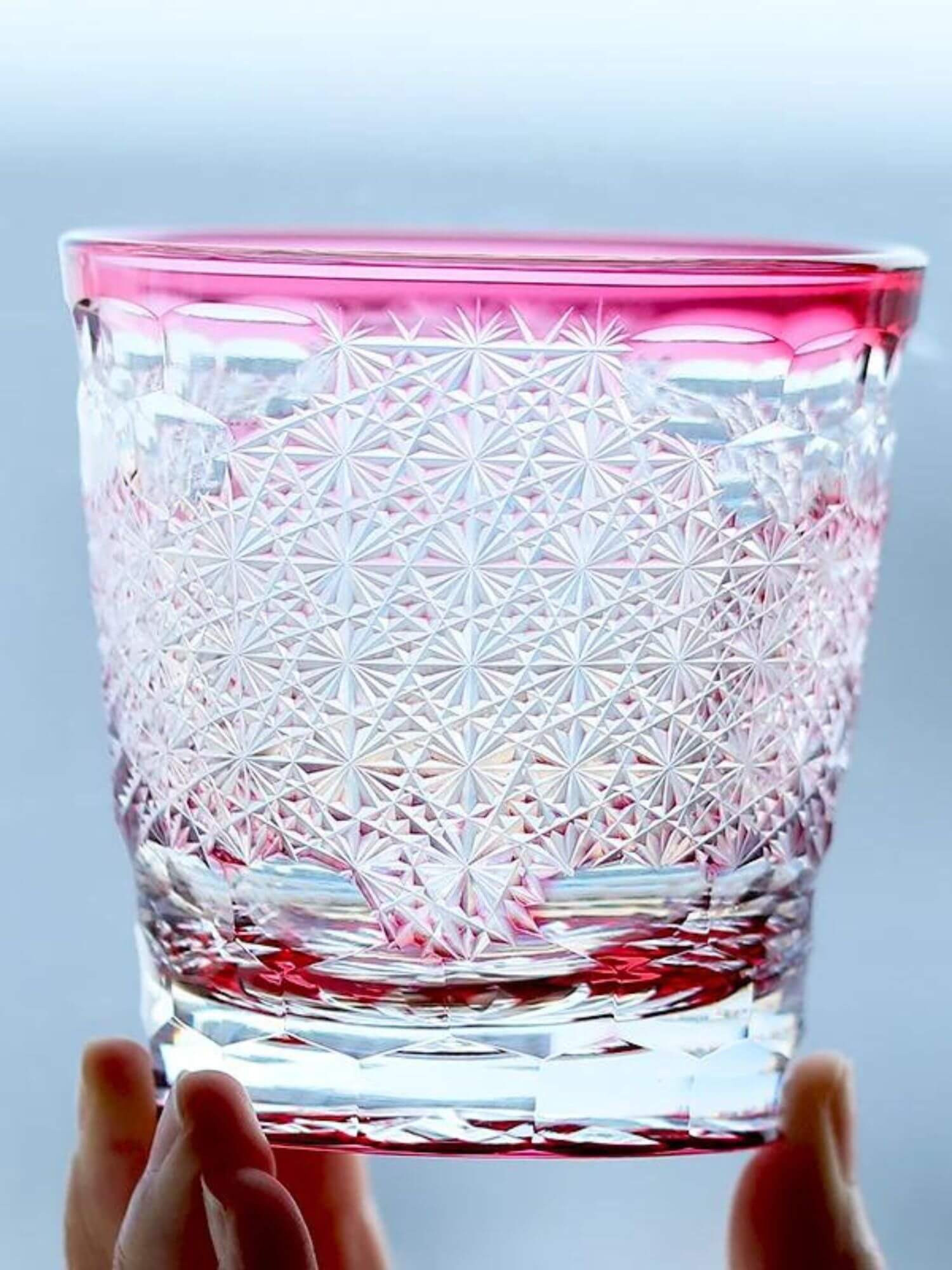 Edo Kiriko Pink Whisky Glass  Hand-cut Crystal Whiskey Glass Hand-carved with exquisite gift box  Free shipping handcrafted glasses handmade bar glassware Edo-Kiriko Whiskey Glass  Japanese style gifts Pink Whisky cup with exquisite and complex hand-carved patterns with gift box Barware Crystal glassware Gifting Japan drinkware