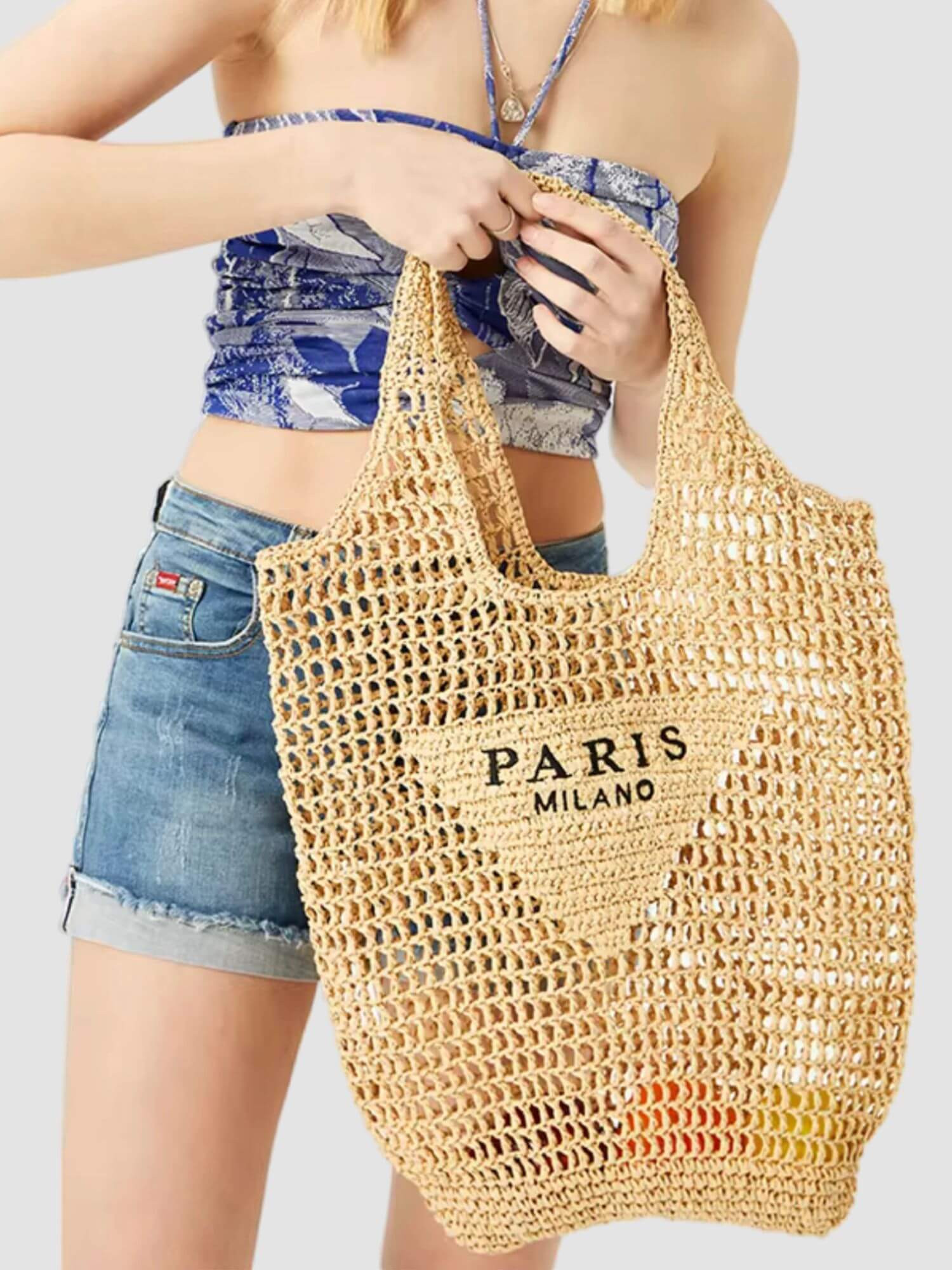 Letter Straw Shoulder Bag     Women’s casual hollow PARIS MILANO designer letters handbags Handmade summer beach paper woven large Tote bags for woman in Khaki Womens baggage