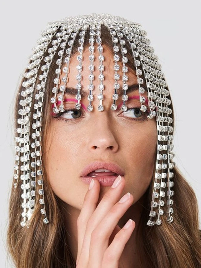 Womens Luxury Rhinestone Forehead Silver Plated Headpiece Tassel Chain for Women Handmade Hat Crystal Headbands Wedding Hair Accessories Women Hair Jewelry Woman Jewellery Trending