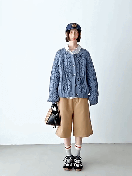 Classic Cable-Knit Cardigan    Women’s Fall Autumn cotton wool bowknot heavyweight design fried dough twists cable knit cardigans for woman in light blue Womens vintage sweaters #244758