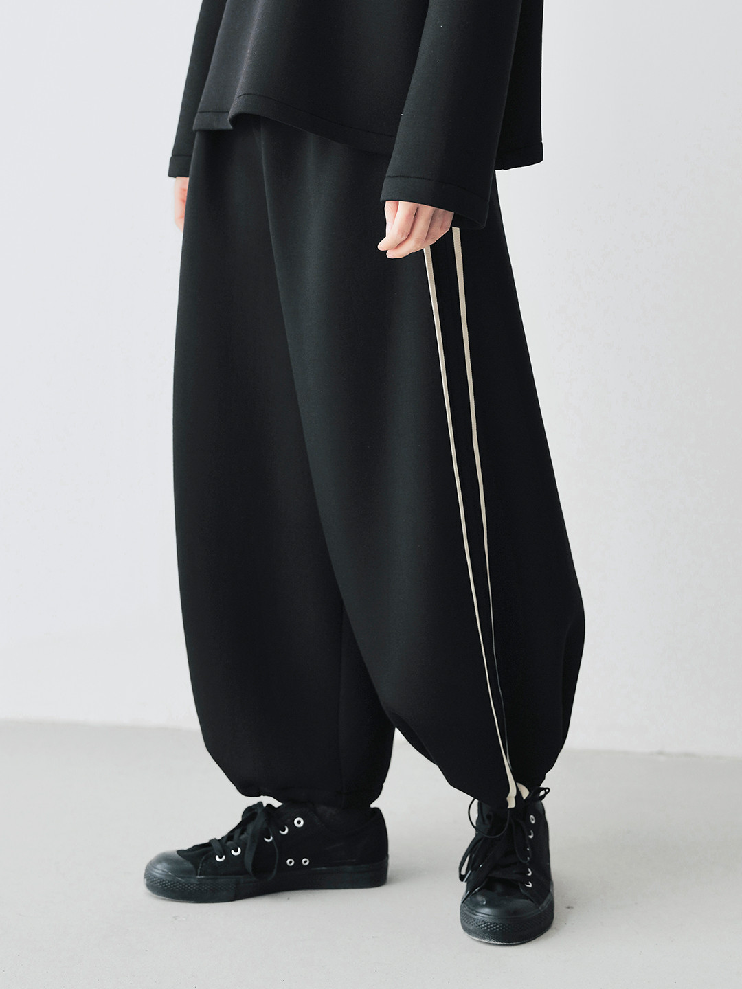 Loose Fit Pants    Women’s Fall autumn pure cotton air striped loose straight leg casual pants for woman in black with white stripes Women’s drawcord ankle hem trousers  #24478