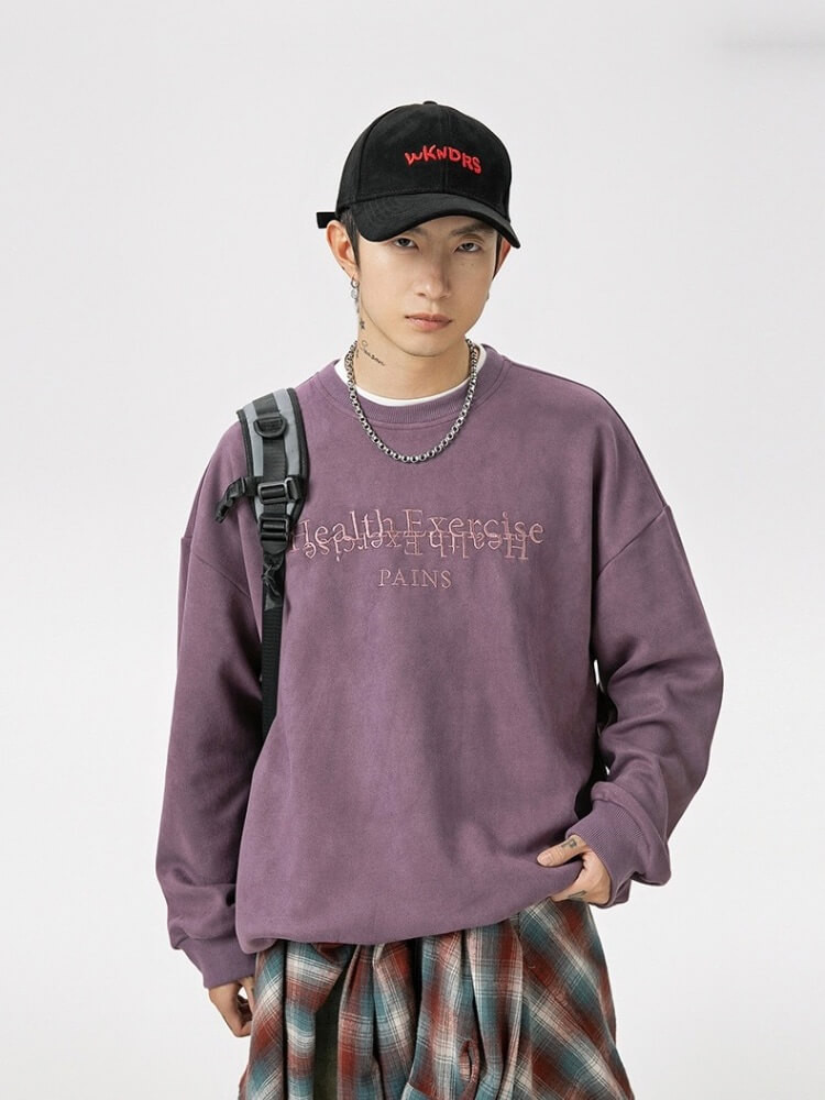 Suede Sweatshirt Men’s Health Exercise PAINS letter embroidery round O-neck Fall Autumn long sleeves crewneck baggy sweatshirts for Couples man woman Casual crew neck streetwear mens womens fashion in purple