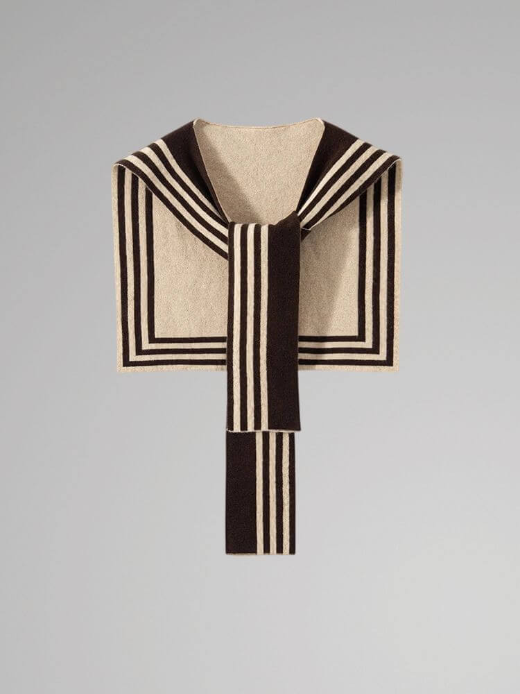 CashSoft Sweater Scarf     Women's 100% Cashmere striped knitted capes scarf for woman Preppy style shawls Fall Autumn Winter soft warm knitwear cape scarves in beige with coffee brown stripes