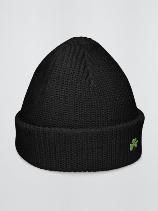 Fisherman Shamrock Beanie     Genderful Men’s Women’s solid color Ireland hat for man woman in brown Mens Womens one size fit unisex ribbed headwear beanies GenFlex anywear hats with lucky Irish green shamrocks logo in black