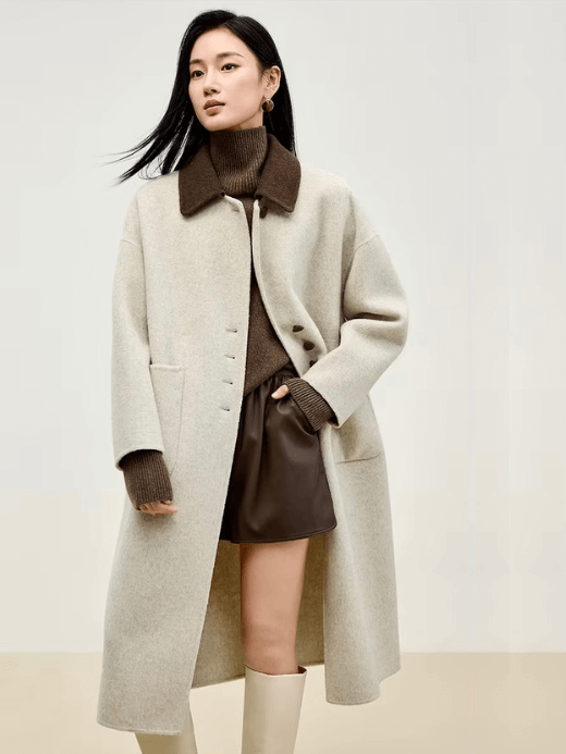 Le Régiment de l'Amour Patchwork Spliced Wool Coat oats   Women’s winter double sided single breasted Polo neck turn-down collar love heart button-up long sleeves with dropped shoulders patch pockets coats for woman in oatmeal beige color with dark brown highlights Womens warm woolen-blend outwear Jackets Outerwears #W44O56043