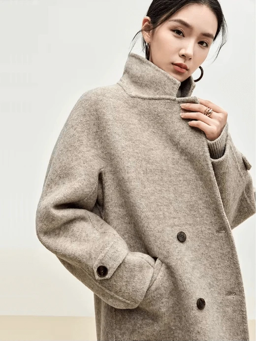 Oversize Long Woolen Coat oats    Women’s winter luxury warm straight double breasted turn-down collar button-up slant side pockets long sleeves with latch button cuffs coats for woman high quality overcoat petite-, plus-, size Outerwear in dark oatmeal W44O56042