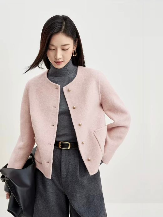 Wool Blend Crop Coat pink   Women’s Double-sided woolen mandarin collar patch pockets long sleeves with three-button cuffs button-up short coats for woman Female Outwear Fall Autumn Winter womens Fashion Jackets outerwear #W34O49412