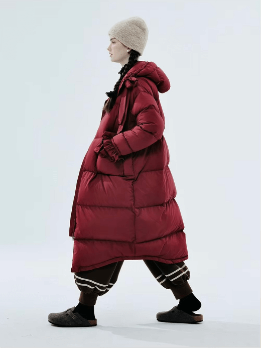 Duck Down Puff Coat   Women’s original Fall autumn and winter outwear white duck down long sleeves hooded parka jackets for woman in burgundy red Womens long bowknot pockets padded parker coats outerwear