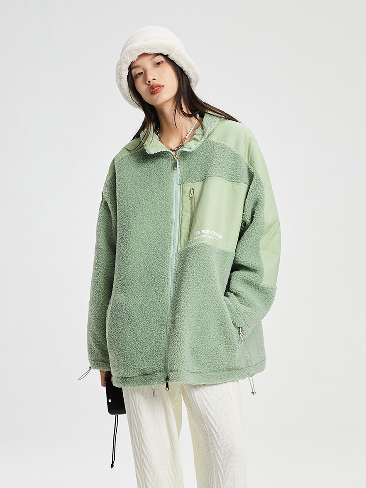 Japanese Cotton Jacket  miteigi Women’s Lambswool Zip Pockets Loose Casual stand collar Jackets for Woman in Light green woolen Coats Winter Vintage womens Harajuku Fashion outerwear Clothes