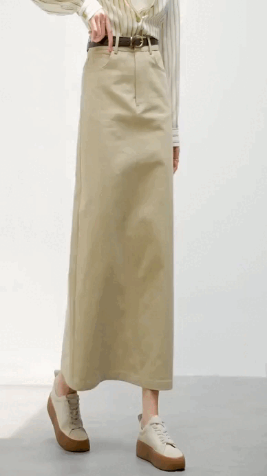 Denim Skirt 100% Cotton Women’s Straight A-line back slit-hem belt hooks classic solid simple  elegant mid-calf long skirts for woman in khaki Fall Autumn womens wfh office workwear fashion #143Q56392
