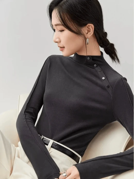 Cotton Knit Mockneck T-Shirt    Women’s casual slim basic half high neck with button-up shoulder accent long sleeves pullovers Tops for woman in black Womens plus size Tees Fall Autumn Winter Spring wfh office workwear Fashion T-Shirts Clothing T shirts #143S56790