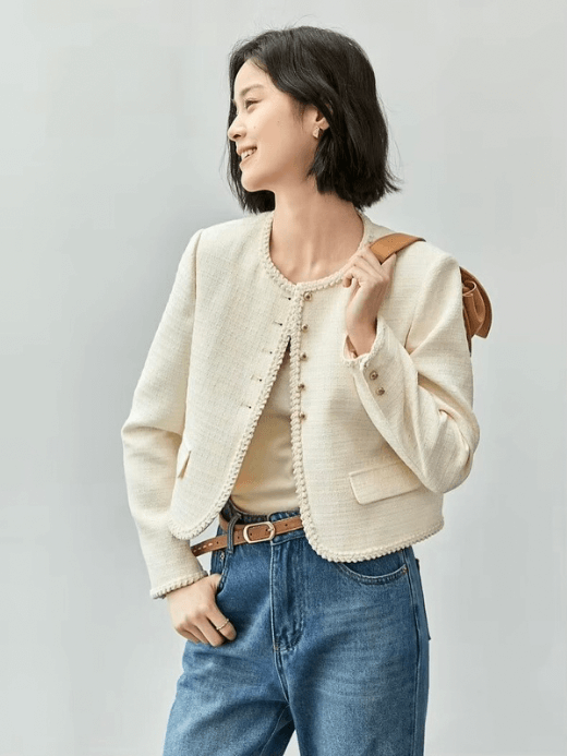 Elegant Crop Jacket   Women’s slim woven tape crew collar metal single breasted long sleeves button-up flap patch pockets cropped Jackets coats for woman in cream Spring Fall Autumn womens french look plus size outerwear fashion #143W56989