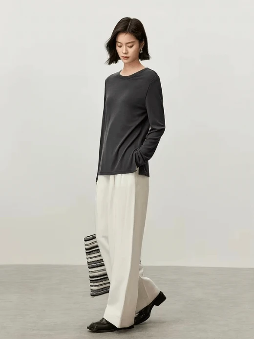 Modern Boatneck T-Shirt    Women’s casual solid long sleeves slit-hem simple elegant Lyocell pullover T-Shirts for woman in gray Womens grey plus size tees Fall Autumn fashion Tops #143T56782