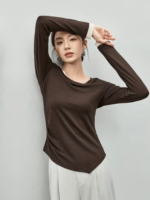Asymmetric Patch T-Shirt    Women’s casual solid round O-neck long sleeves slim fit simple elegant boatneck Tops for woman in brown with white accents Spring Fall Autumn womens boat neck asymmetrical irregular hem plus size T-Shirts fashion #143T56159