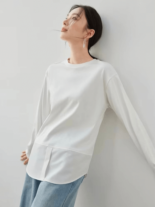 Modern Cotton T-Shirt white  Women’s casual patchwork knit crewneck Tops for woman O-neck long sleeves Tees Simple elegant solid Summer Fall Autumn womens T-Shirts clothes wfh office workwear vacation getaway holiday plus size T shirts #143T56865