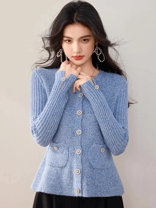 Crewneck Rib Cardigan Women’s Casual round O-neck single breasted long sleeves with slit button cuffs and patch pockets button-up Sweaters Temperament slim fit ribbed polyester knitted Tops for woman in blue Fall Autumn womens crew neck plus size cardigans Fashion