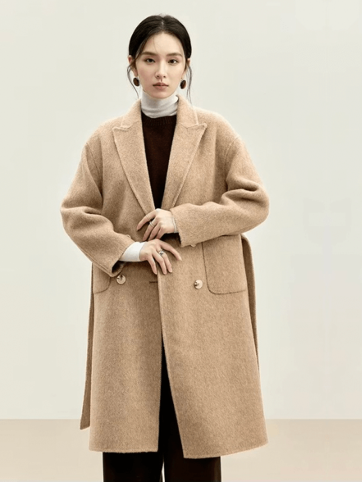 Woolen Coat khaki   Women’s oversized double sided turn-down notch collar long sleeves wool Jackets Big large pockets with sashes belt coats for woman Outwear Fall Winter womens petite-, plus-, size outerwear #W44O56004