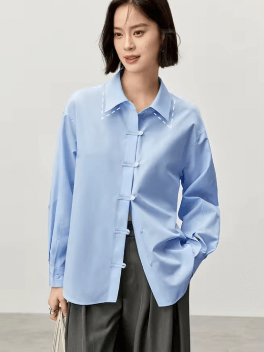 Modern Retro Cotton Shirt    Women’s office lady casual loose turn-down collar single breasted long sleeves with drop shoulders latch button-up shirts for woman in light sky blue Female spring summer womens tailored wfh workwear formal blouses chinese style Clothing #143C55908