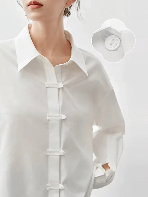 Modern Retro Cotton Shirt white    Women’s office lady casual loose turn-down collar single breasted long sleeves with drop shoulders latch button-up shirts for woman Female spring summer womens tailored wfh workwear formal blouses chinese style Clothing #143C55908