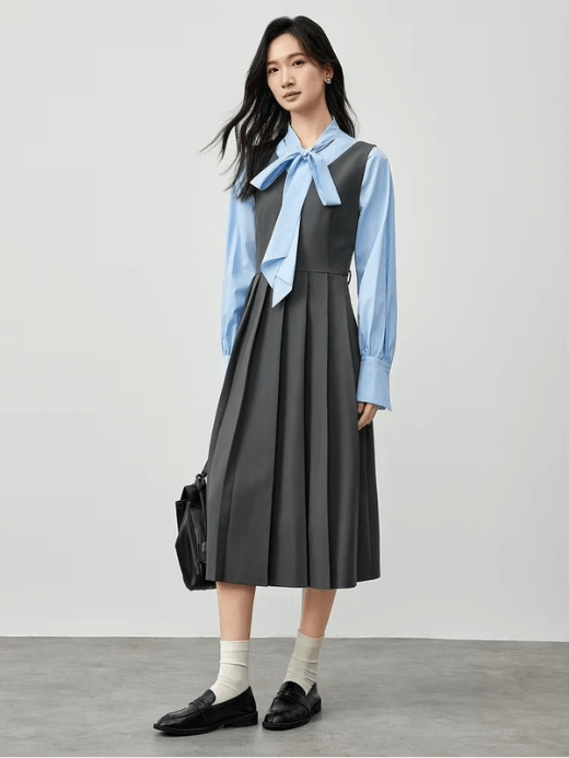 Pleated Dress   Women’s preppy style office wfh workwear A-line solid V-neck high rise waist mid-calf length pullover sleeveless tank dresses for woman in Gray Womens petite-, plus-, size grey pleats Spring Sundress #151L58612