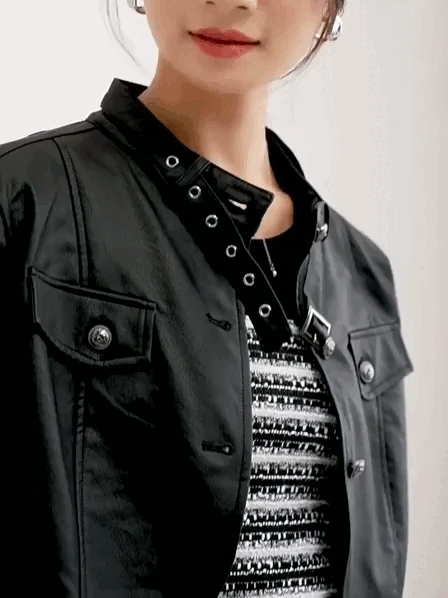 Vegan Leather Crop Jacket      Women’s collarless button-up long sleeves zipper close flap button pockets with buckle hem faux Pu Jackets for woman in black Womens Female outerwear moto biker outewear #W33G49937
