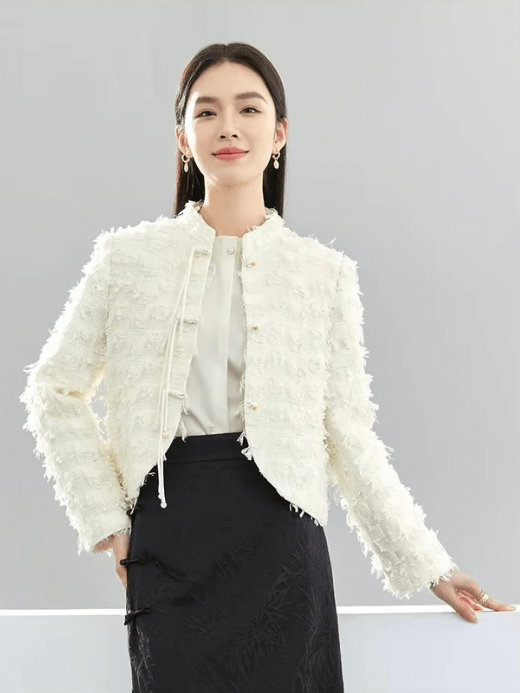 Cropped Tweed Jacket     Women’s elegant short stand collar drawcord tie button-up tailored tapered hem coats Female long sleeves woolen crop Jackets for woman in off-white cream France Chinese style outerwear womens French look wool fluffy feathered style office wfh workwear outwear Spring Fall Autumn fashion  #141W52034