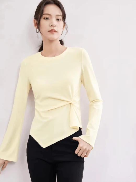 Irregular T-Shirt    Women’s solid O-neck round O-neck long flare sleeves pullovers top crewneck Tees for woman in light pastel yellow Simple Female bow-knot t-shirts Spring womens fashion clothing blouses petite-, plus-, size crew neck tops #141T53414