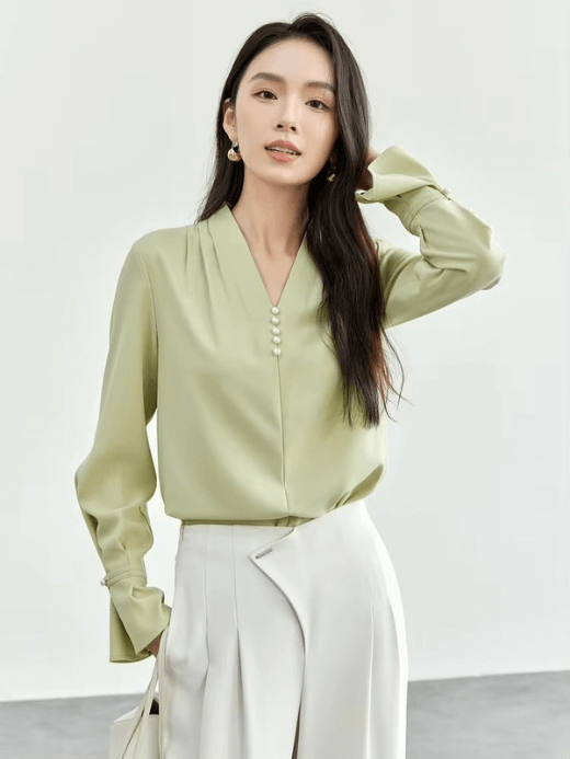 Folds V-Neck Chiffon Top     Women's straight fit V Neck long flare sleeves with slight dropped shoulders and wide banded pearl button cuffs elegant Shirts Tops for woman in light pastel green Spring womens office Lady wfh workwear fashion Holiday getaway vacation Blouses  #151V56992