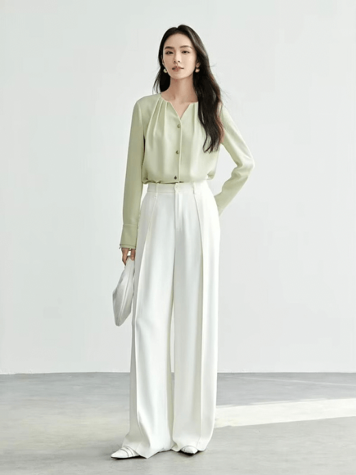 Boatneck V-Neck Shirt green    Women’s loose fit folds boat neck single breasted button-up long sleeve with slight dropped shoulders and band patchwork cuffs Shirts for woman in light pastel green Spring womens Office Lady wfh workwear petite-, plus-, size Blouses #151C57356