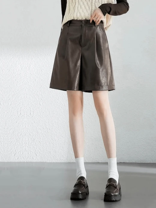 Vegan Leather Shorts    Women’s Casual straight high rise waist zipper button close simple elegant folds pleats PU-leather short pants for woman in coffee brown Winter womens petite-, tall-, plus-, size pleated Fashion Trousers  #144K56952