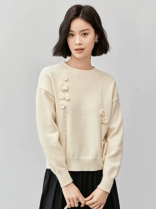Crewneck Knit Sweater apricot   Women’s casual loose three-dimensional flowers long sleeves crew neck collar knit sweaters for woman in cream Round o-neck pullover Tops Fall Autumn Spring womens fashion petite-, tall-, plus-, size 3D floral styles #W43E56356